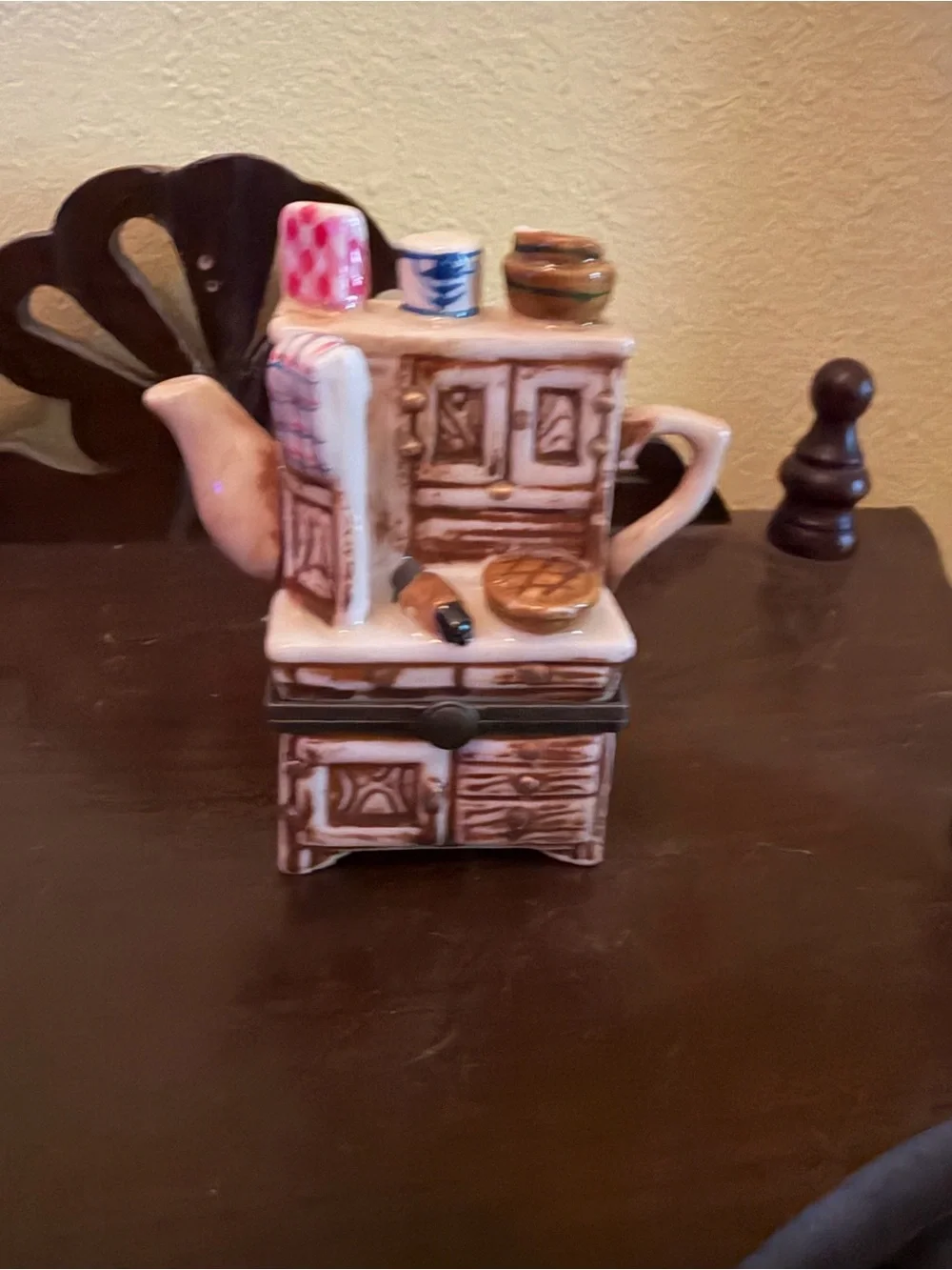 Ceramic Kitchen Stove Teapot Trinket Box - Brown and White